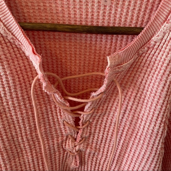 Free People Hayden Waffle Ribbed Puff Sleeve Shirt Lace Up Thermal Pink XS - Picture 7 of 7